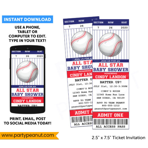 Baseball Baby Shower Ticket Invitation Printables