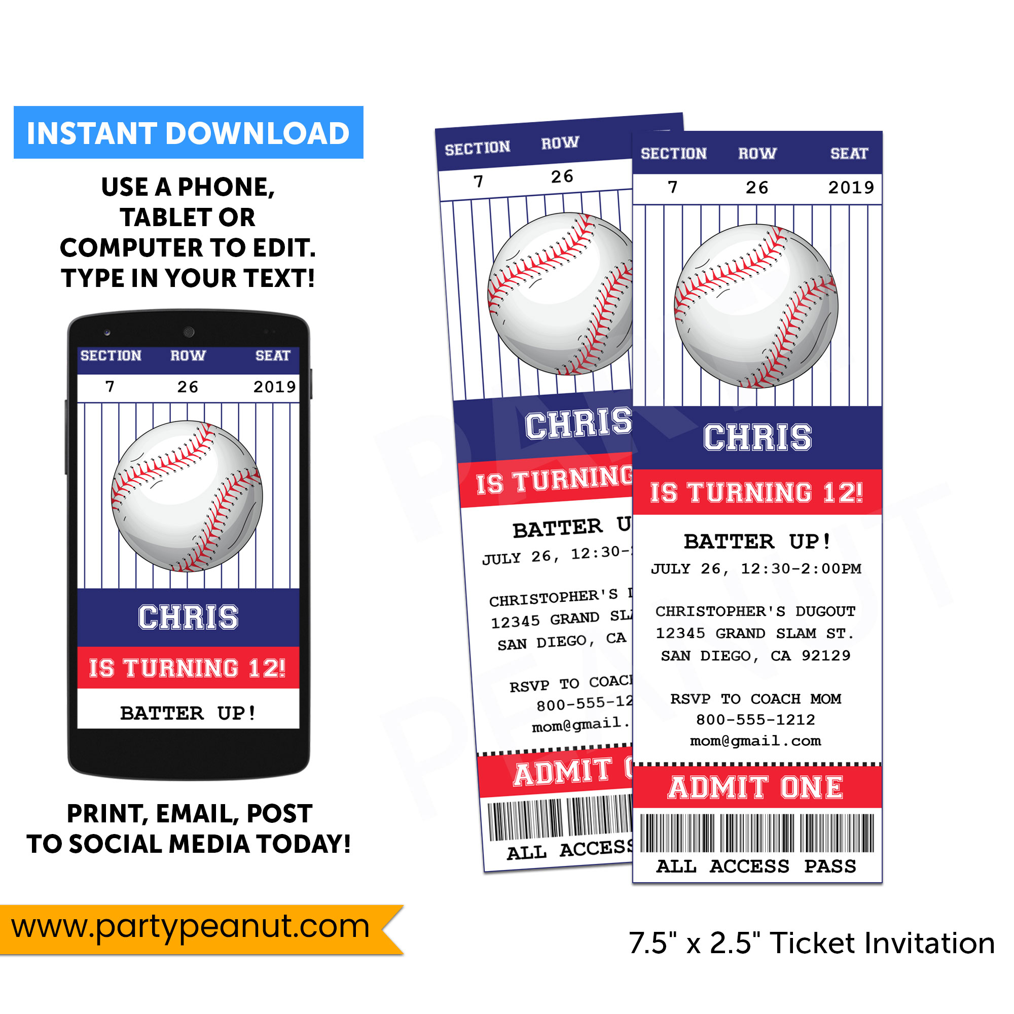 Baseball Ticket Invitations Party Printable