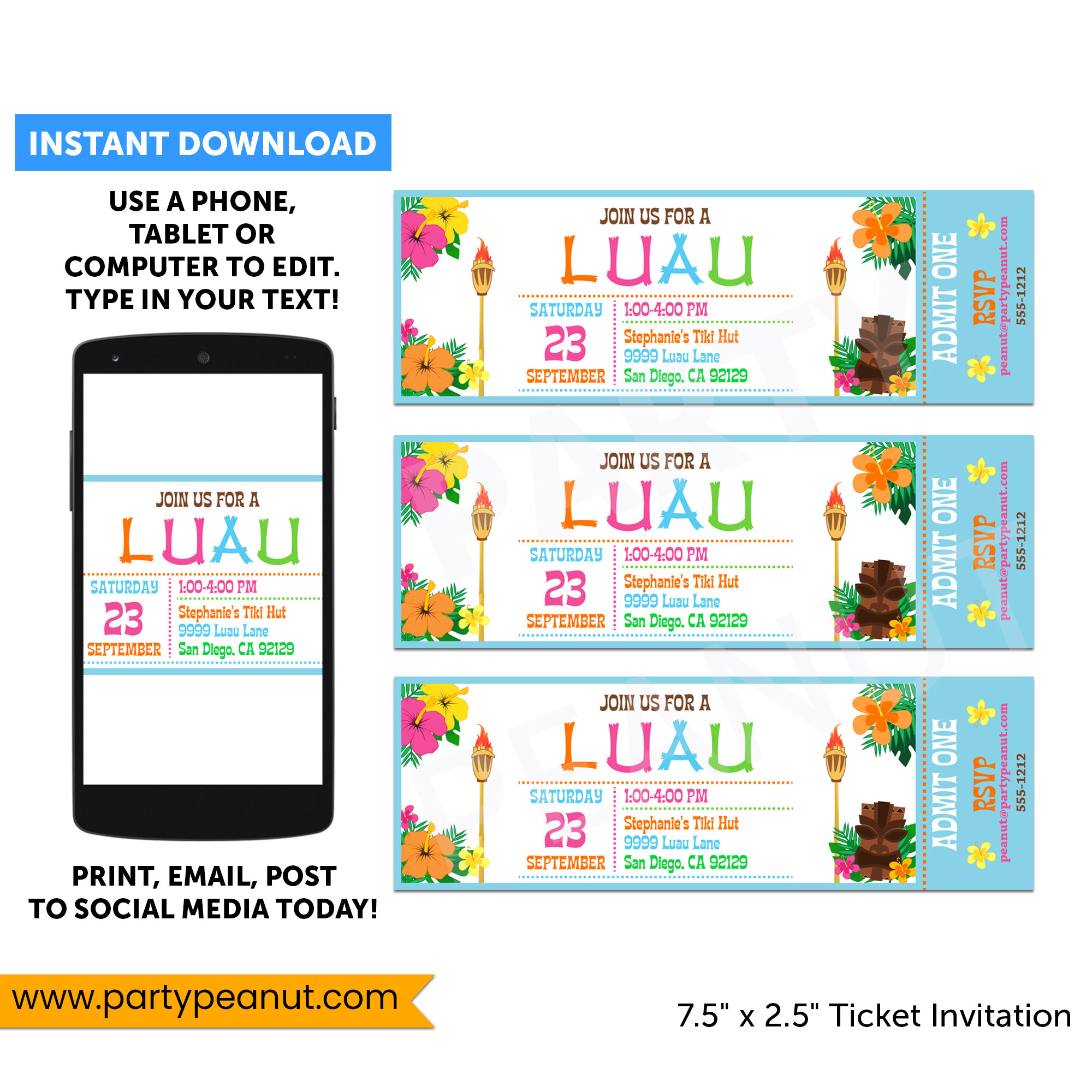 Luau Ticket Invitation Party Printable Party Peanut