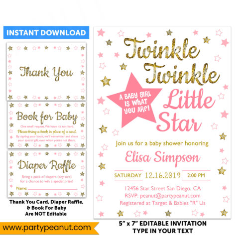 Twinkle Little Star Girl Gender Reveal Invitation Set