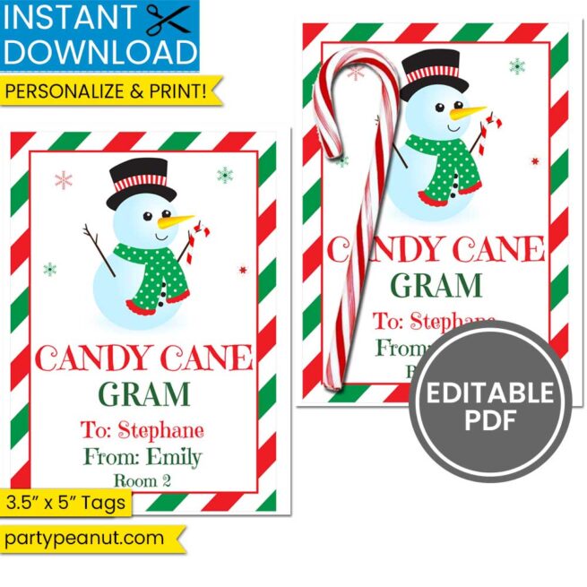 Candy Cane Gram Holiday Tag Snowman